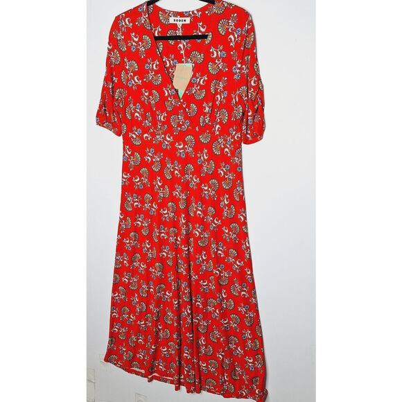 BODEN Short Sleeve Jersey Midi Dress 12R Flame Scarlet Botanical Bunch Floral - Picture 4 of 14